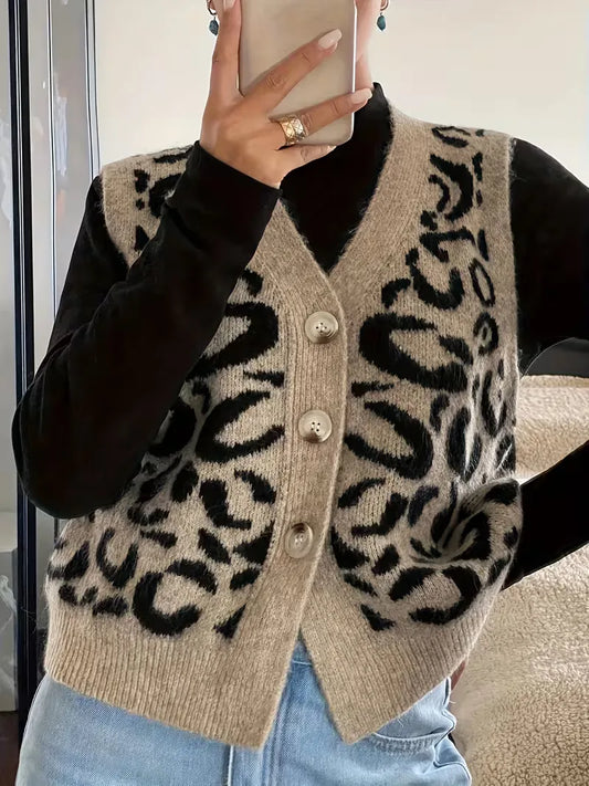 Women's leopard print knit V neck button front sweater vest