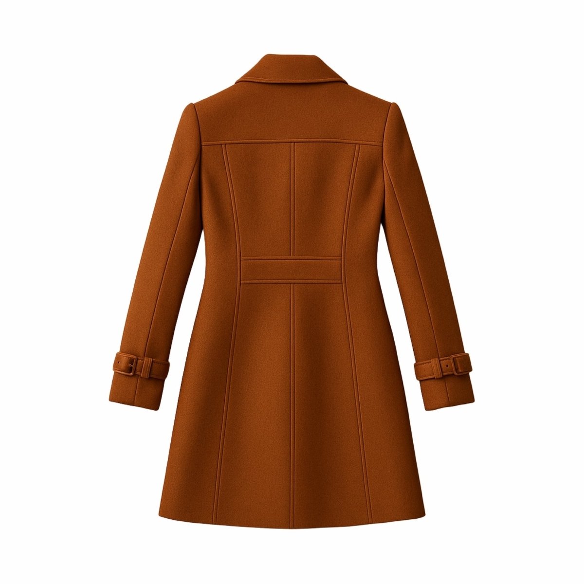 Woman wearing a tailored double-breasted wool coat with notched lapel