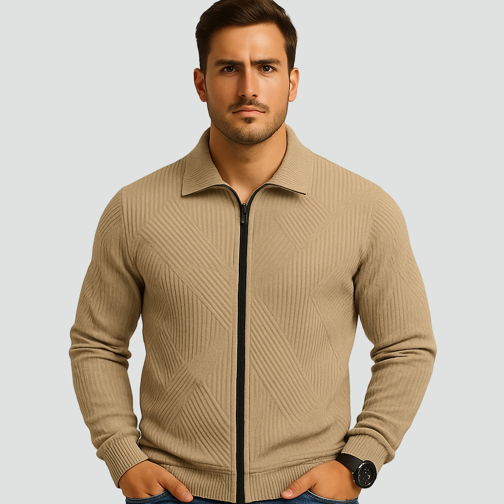 Man wearing a men's textured full zip vest with collar and geometric knit pattern