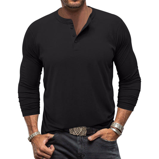Man wearing a button-placket long sleeve t-shirt