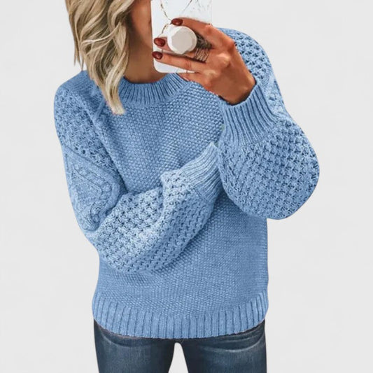 Women's waffle knit mock neck pullover sweater with balloon sleeves