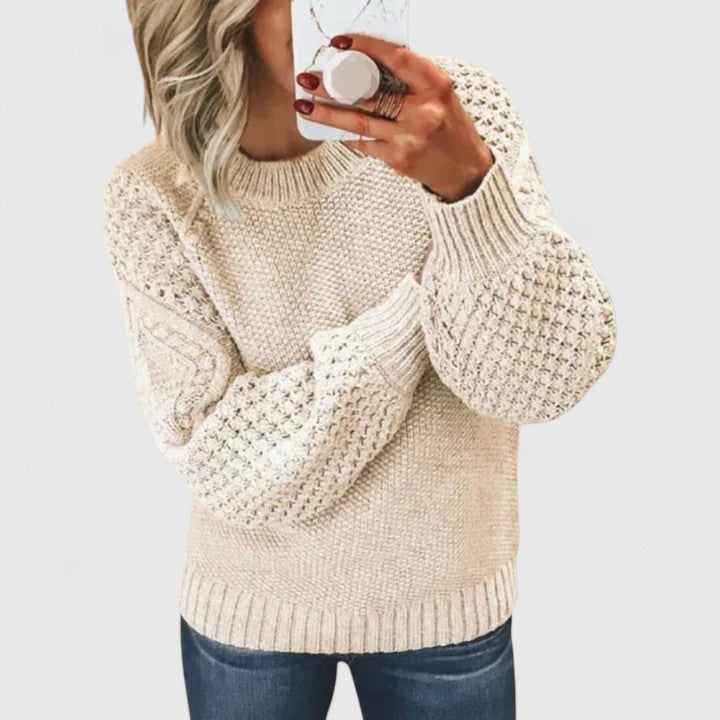 Women's waffle knit mock neck pullover sweater with balloon sleeves