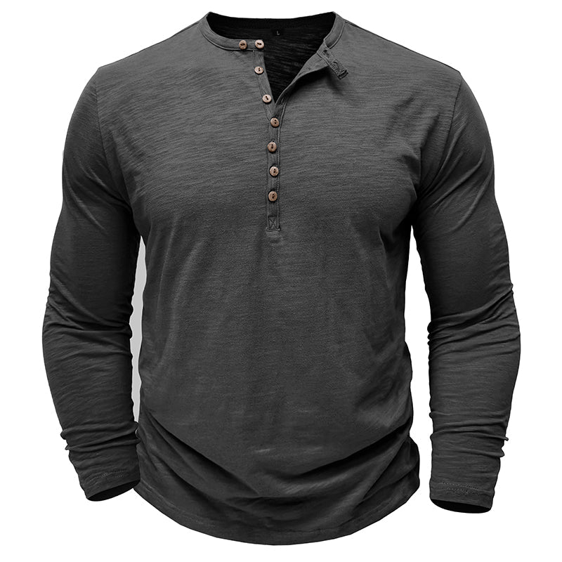 Man wearing a henley long sleeve t-shirt