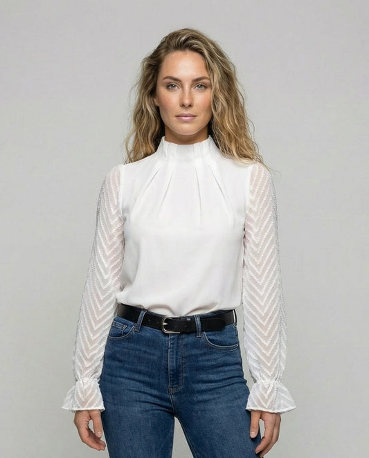 Woman wearing an elegant long sleeve round neck top