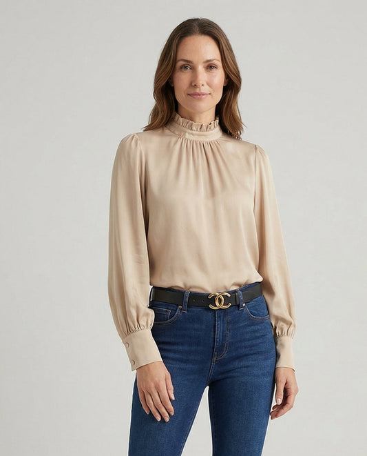 Woman wearing a cozy autumn long sleeve round neck top