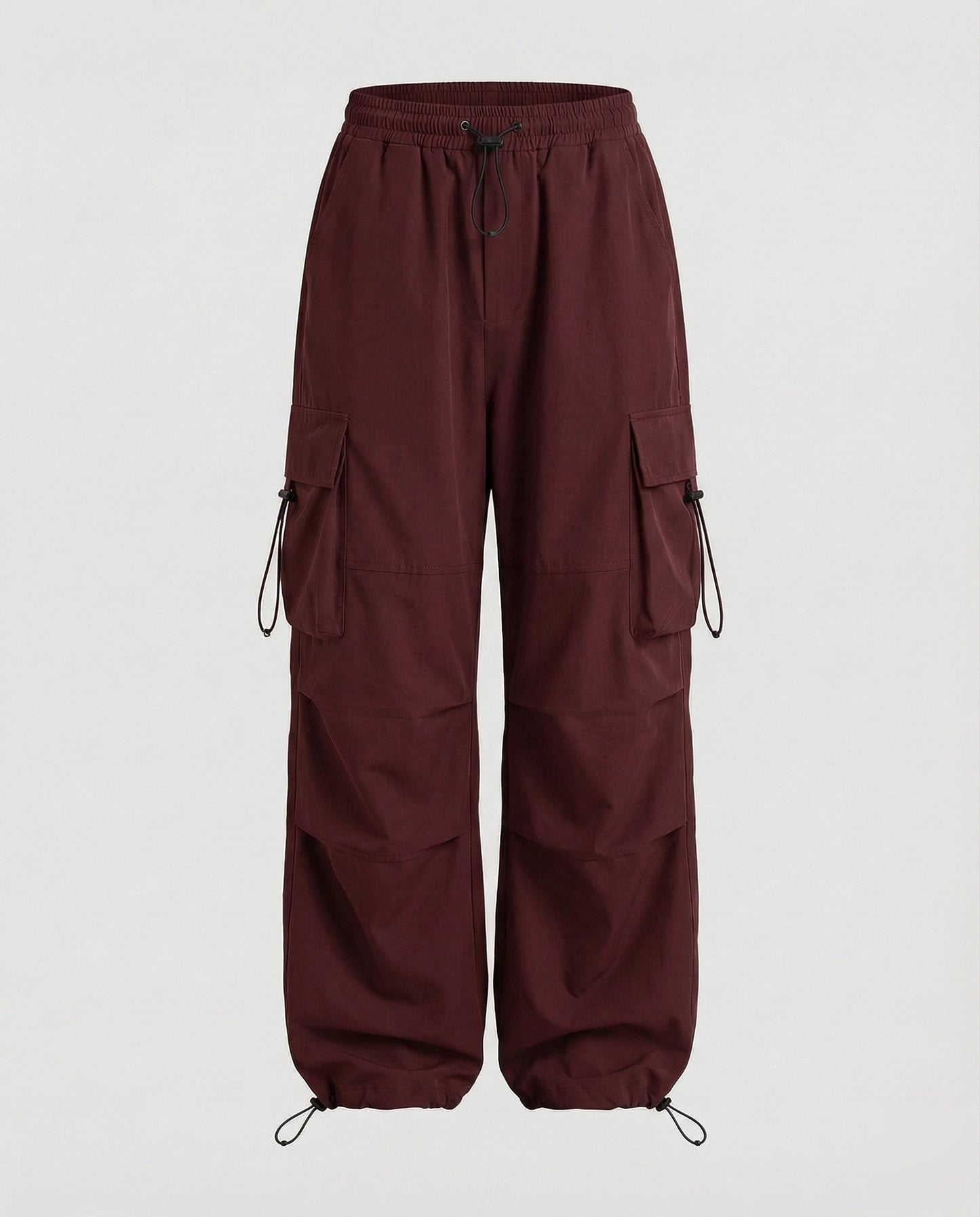 Wine Red utility cargo pants for women.