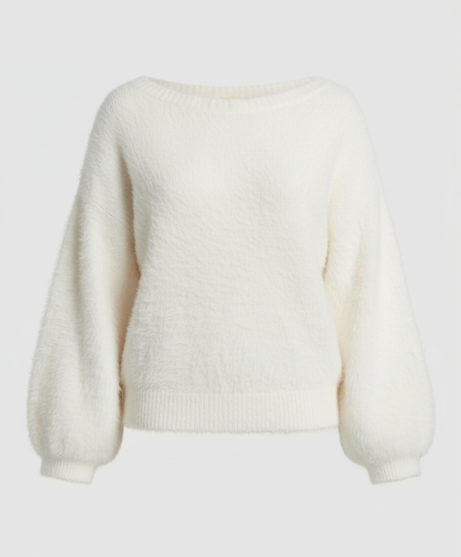 Woman wearing a fuzzy knit oversized sweater