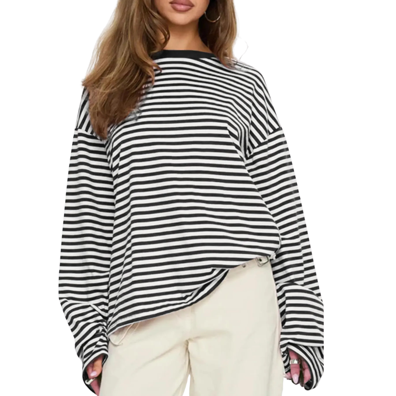 Woman wearing a striped long sleeve round neck shirt