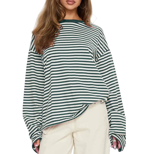 Woman wearing a striped long sleeve round neck shirt