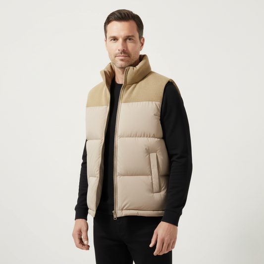 Camel colorblock puffer vest for men.