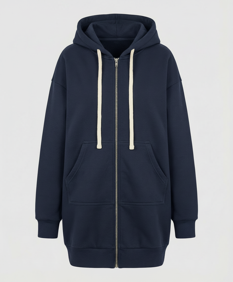 Woman wearing a knee length hooded sweatshirt