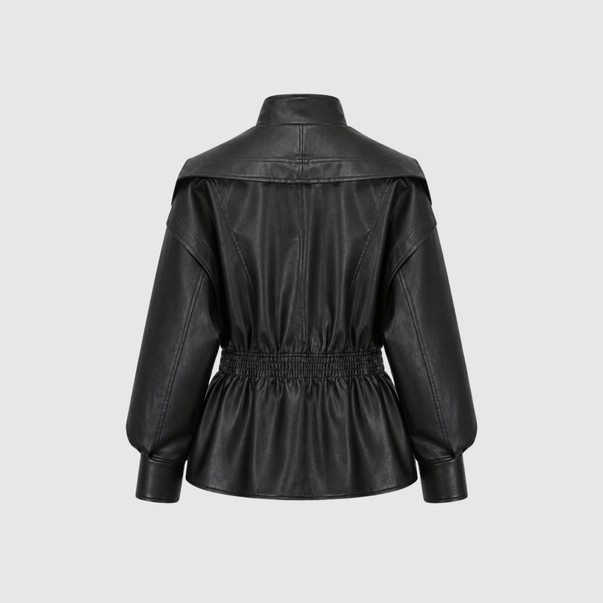 Woman wearing a cinched waist faux leather funnel neck jacket