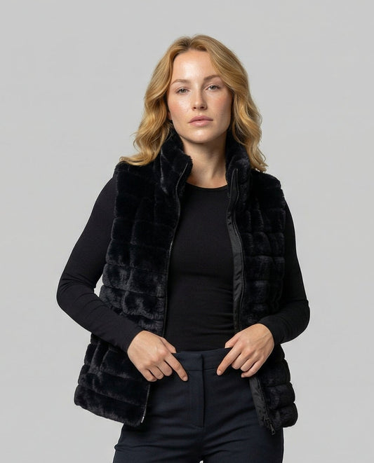 Woman wearing a faux fur quilted vest