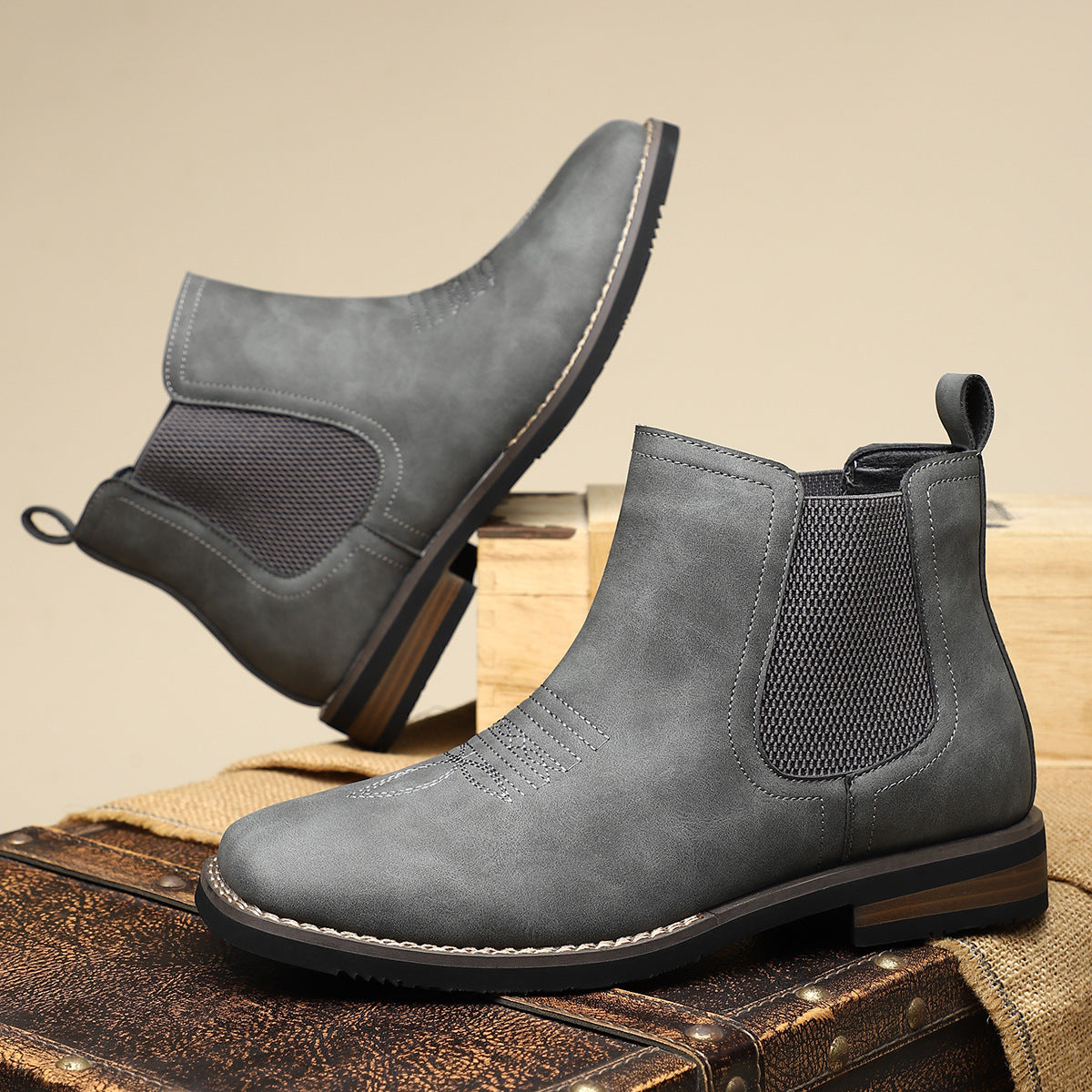 Men's Distressed Chelsea Boots in Gray