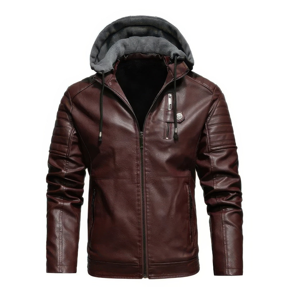 Men's Hooded Faux Leather Winter Jacket in Burgundy