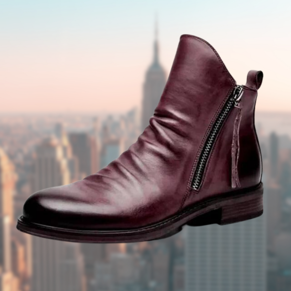 Men's Ruched Leather Ankle Boots in Burgundy