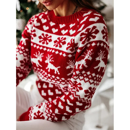 Woman wearing a reindeer snowflake knit Christmas sweater
