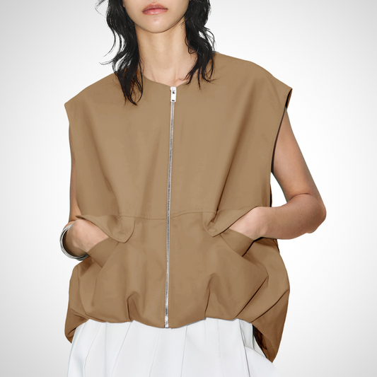 Camel zip front vest for women.