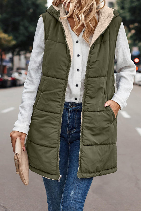 Army Green reversible hooded vest for women.