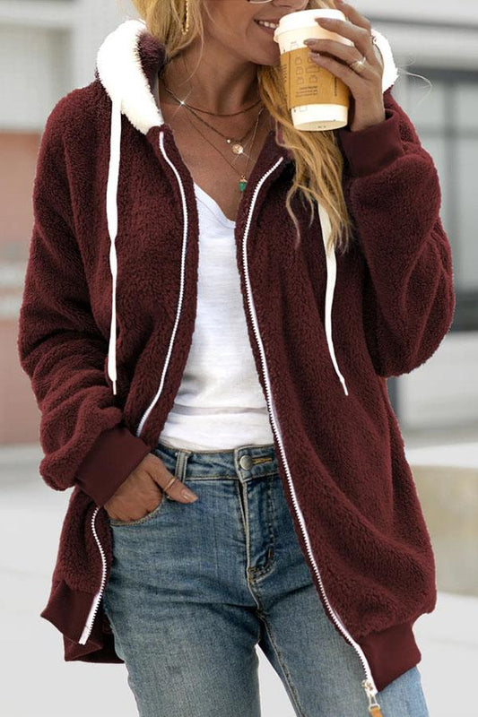 Plush Zip Up Hoodie in Burgundy