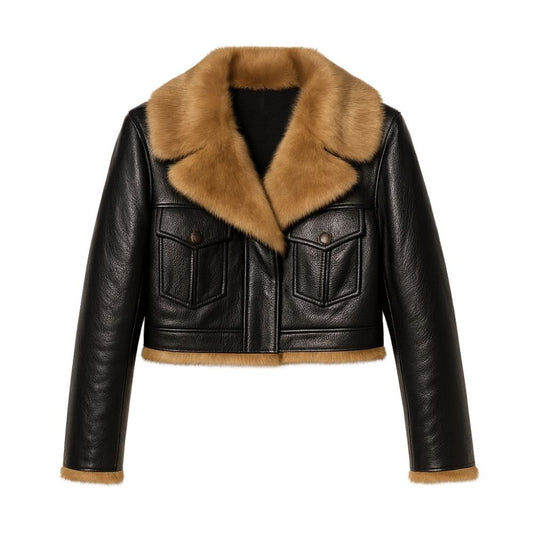 Woman wearing a cropped black faux leather aviator jacket with faux shearling collar