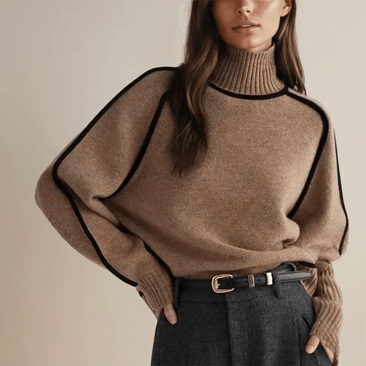 Woman wearing a contrast oversized turtleneck sweater