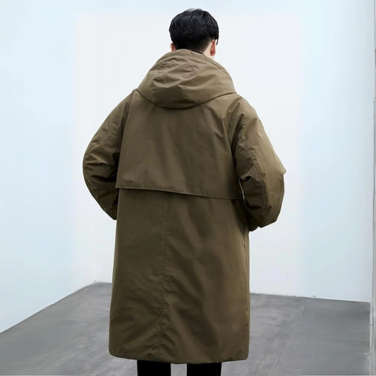 Hooded Puffer Trench Coat for men, detail view.