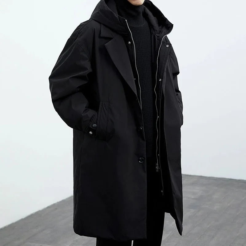 Black hooded puffer trench coat for men.