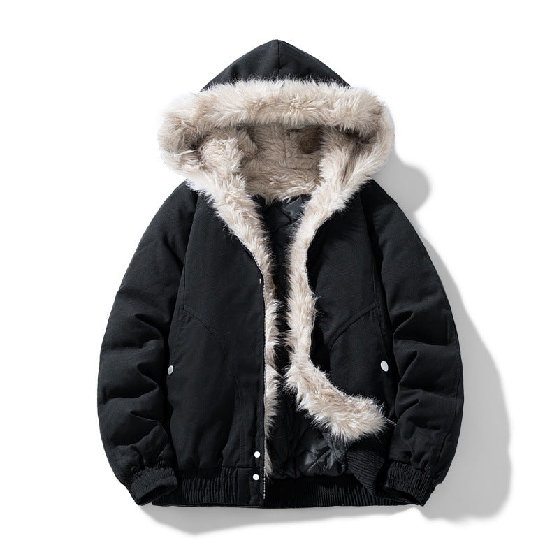 Unisex Faux Fur Hood Bomber Winter Jacket in Black