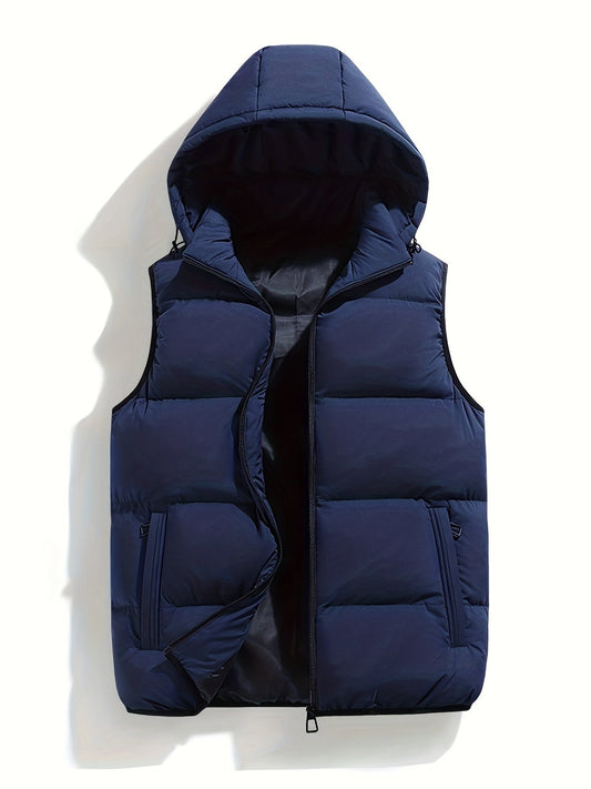 Men's hooded quilted puffer vest with stand collar and full zip