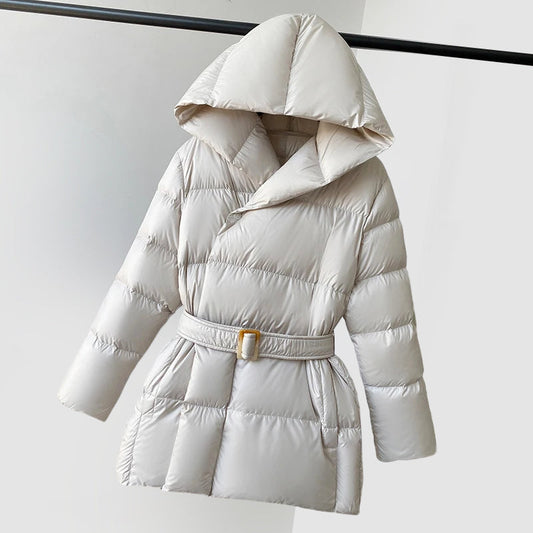 Women's Belted Hooded Puffer Jacket in White