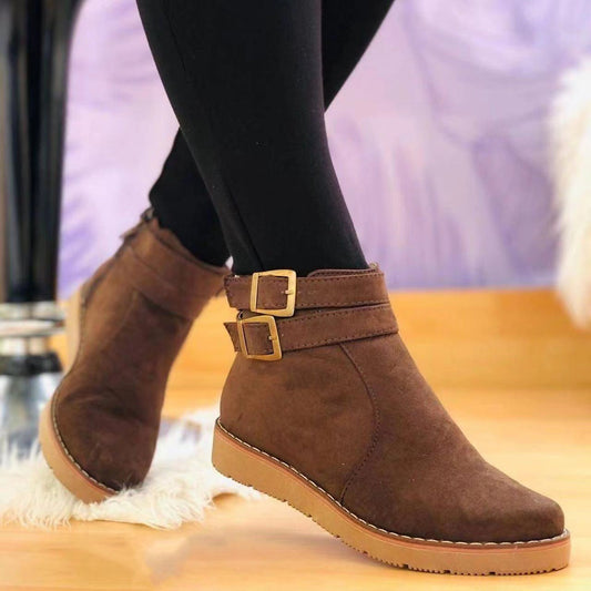 Women's Buckle Strap Wedge Ankle Boots in Brown
