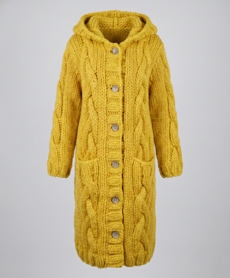 Women's Chunky Cable Knit Cardigan in Mustard