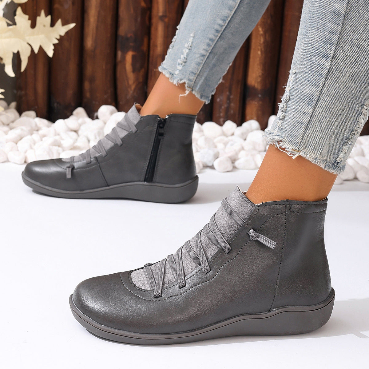 Women's Cross Lace Ankle Boots in Gray