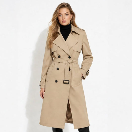 Women's Double Breasted Trench Coat in Khaki