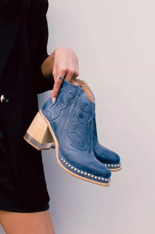 Women's Embroidered Ankle Boots in Navy
