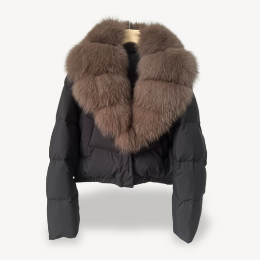 Women's Faux Fur Collar Puffer Winter Jacket in Black & Brown Fur