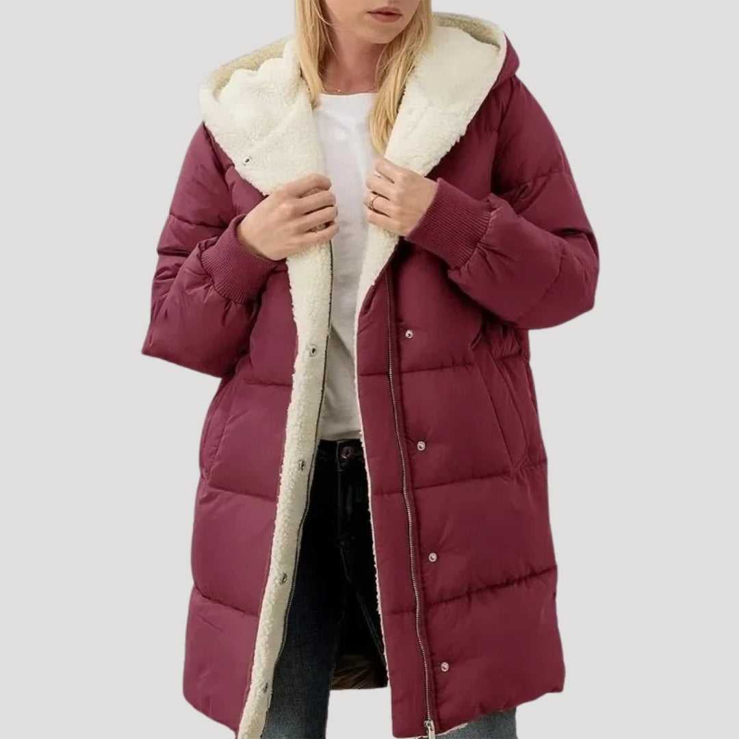 Women's Faux Fur Hood Puffer Jacket in Bordeaux