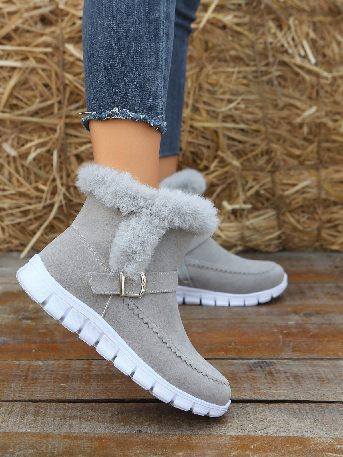 Women's Faux Fur Trim Ankle Boots in Light Gray