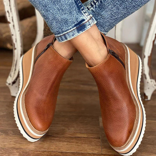 Women's Faux Leather Wedge Ankle Boots in Brown