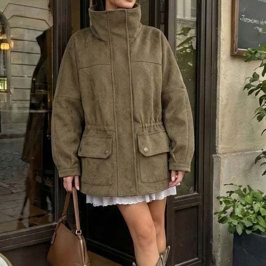 Women's Faux Suede Utility Winter Jacket in Olive Green