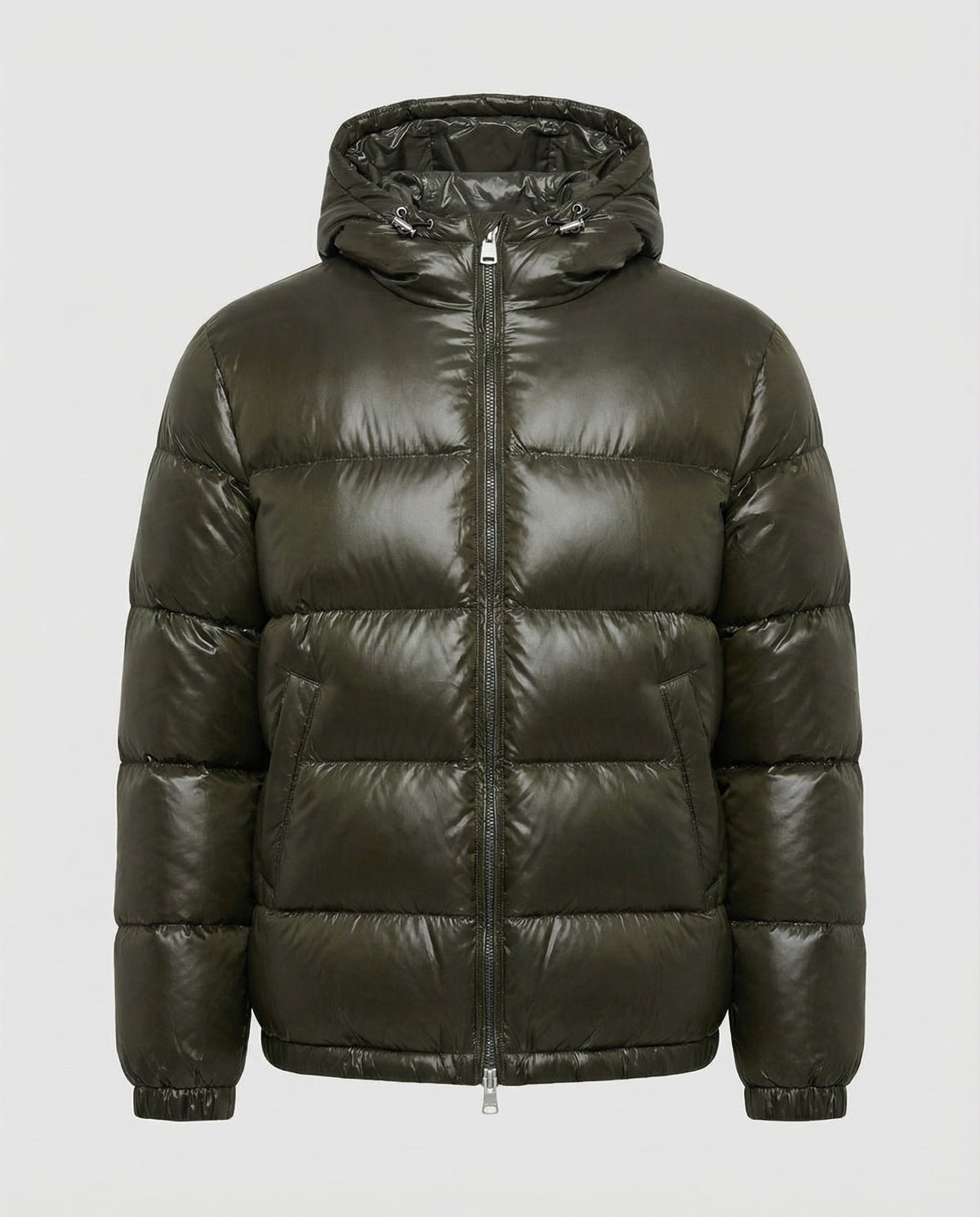 Women's Glossy Hooded Down Jacket in Dark Olive
