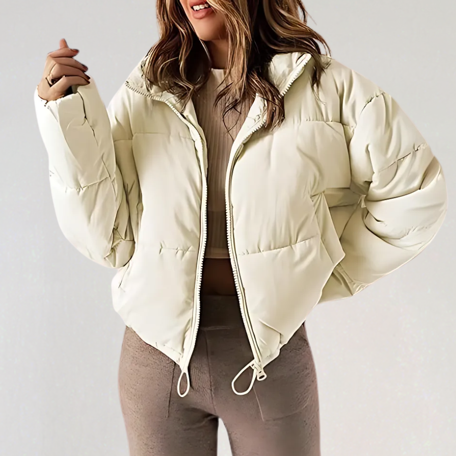 Women's High Collar Puffer Jacket in Beige