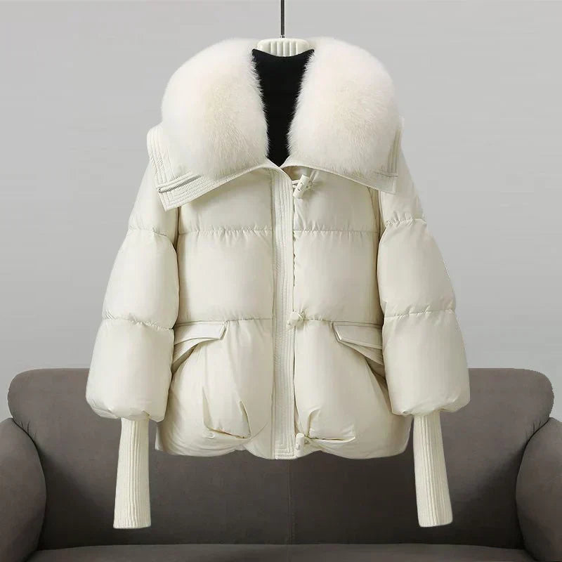 Women's Knit Cuff Puffer Winter Jacket in Cream