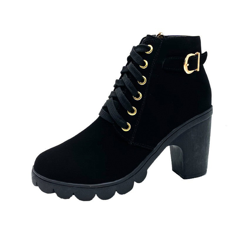 Women's Lace Up Buckle Ankle Boots in Black