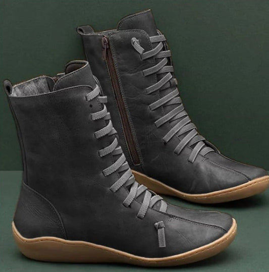 Women's Lace Up Mid Calf Boots in Charcoal