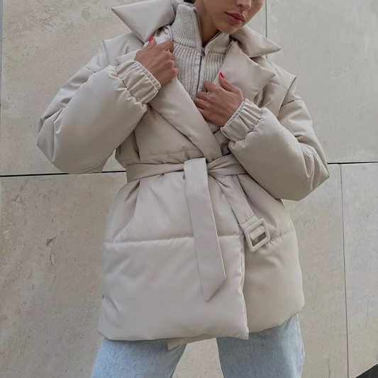 Women's Lapel Collar Puffer Winter Jacket in Beige