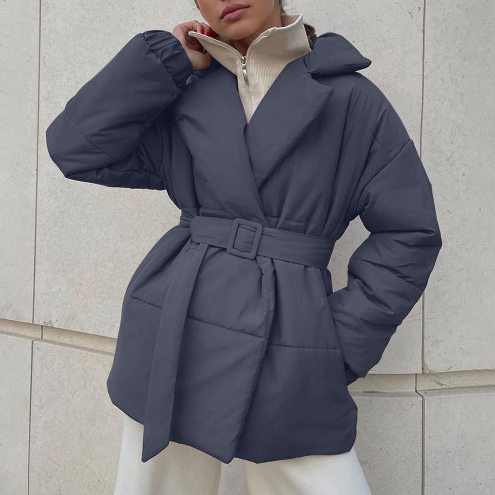 Women's Lapel Collar Puffer Winter Jacket in Slate Blue