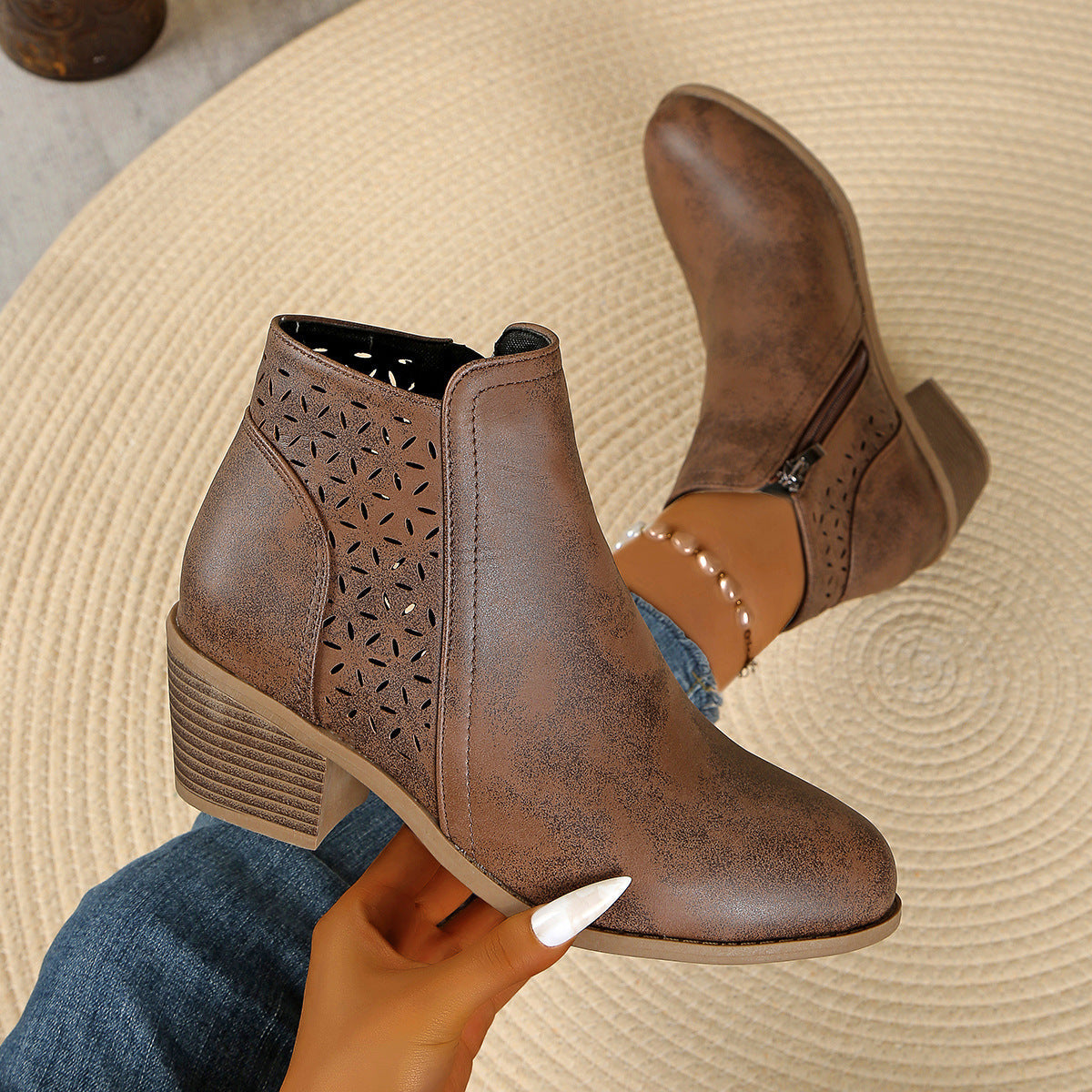 Women's Laser Cut Ankle Boots in Brown