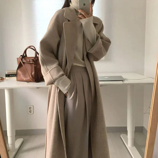 Women's Long Belted Winter Jacket in Taupe